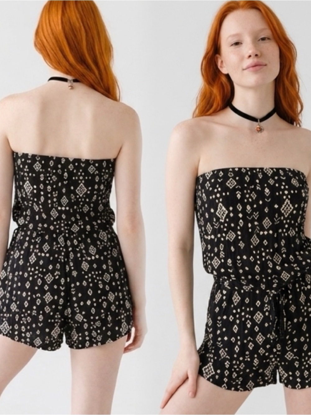 Forever 21 Black Strapless Printed Romper